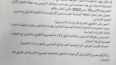 صورة تعميم من وزارة التهذيب إلى جميع مديريها الجهويين بشأن ظروف الافتتاح الدراسي غدا الاثنين / وثيقة