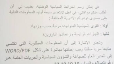 صورة رسالة سرية: وزير الداخلية يطالب الولاة بصورة عن القوى والتيارات السياسية
