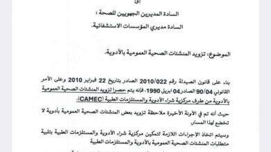 صورة تعميم من وزير الصحة بشأن تزويد المنشآت الصحية العمومية بالأدوية