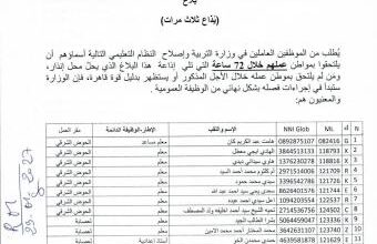صورة إنذار جديد لعشرات المدرسين بالالتحاق بالعمل أو الفصل من الوظائف
